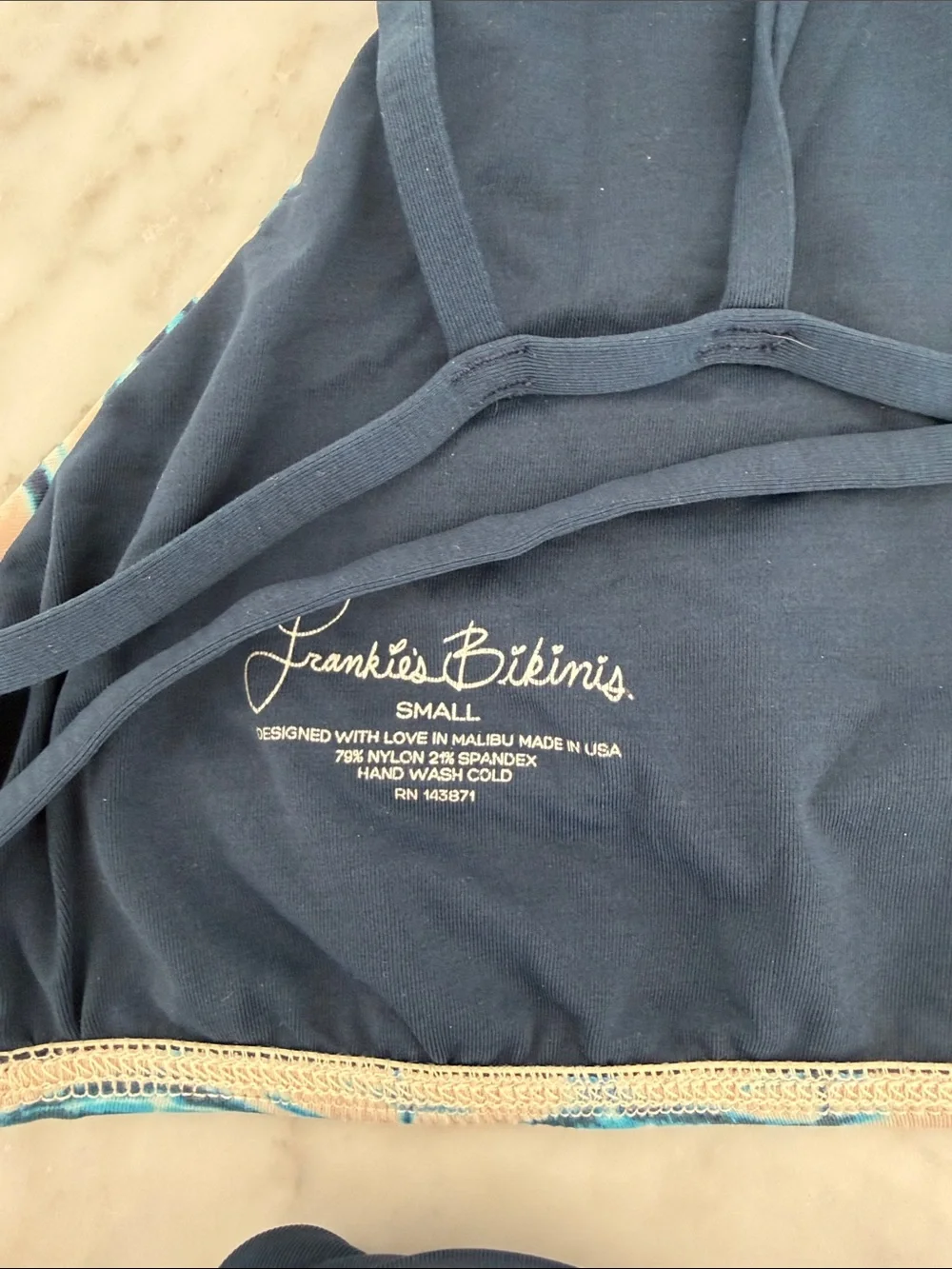 Frankie's Bikinis Navy and Cream Strappy Bikini - Small Top and Medium Bottom